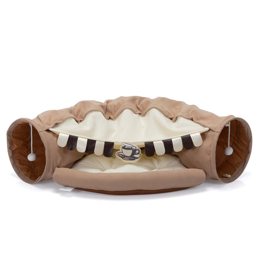 Foldable Cat Tunnel Bed For Indoor Cats, Washable Cat Skin Tunnel With Hanging Toys And Mats, Brown Color-0